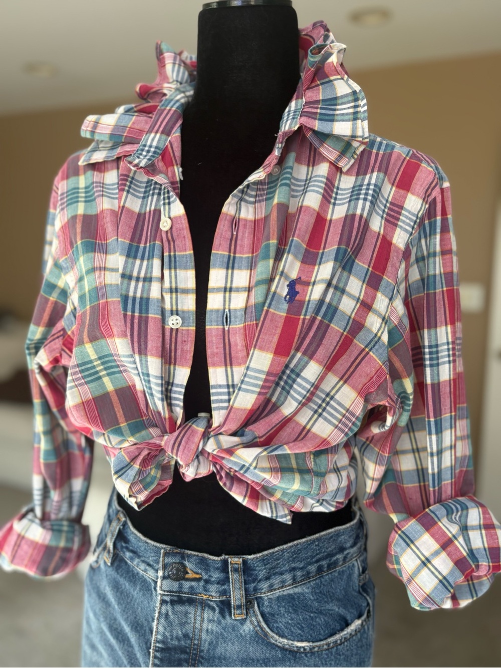 Reworked Ralph Lauren Plaid Cotton Button-Front Shirt Size L
